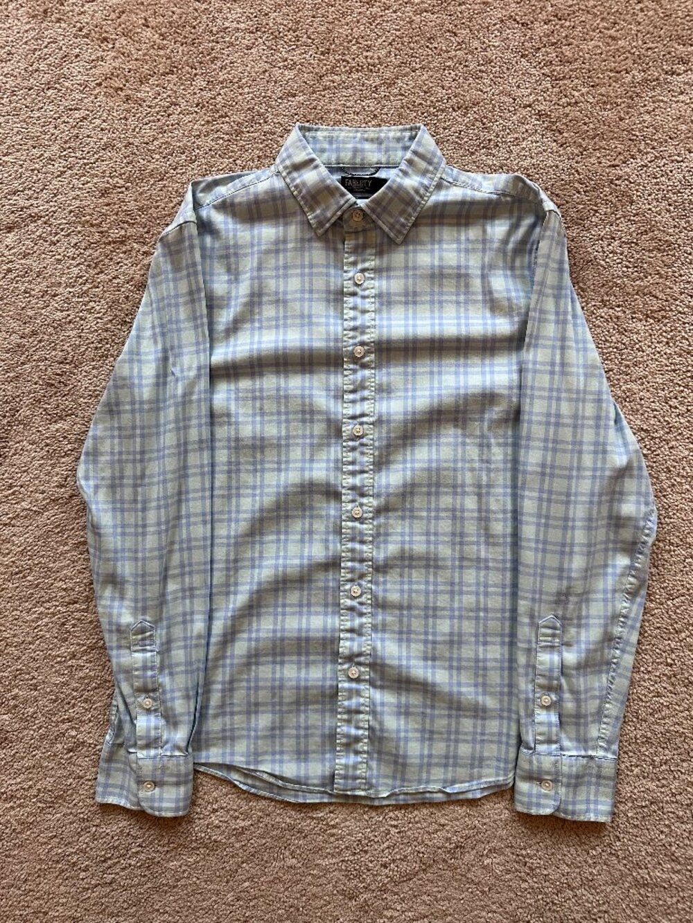 Faherty Movement Shirt Light Sage Blue Plaid Men's Medium